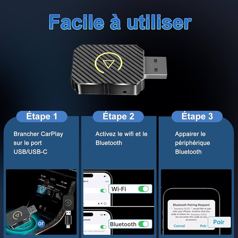 CLE CARPLAY Type-C/USB, installation Plug & Play.